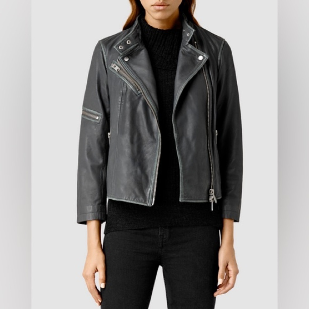 Allsaints Mast Distressed Leather Black Gray Biker Motorcycle Moto Jacket EUC 2